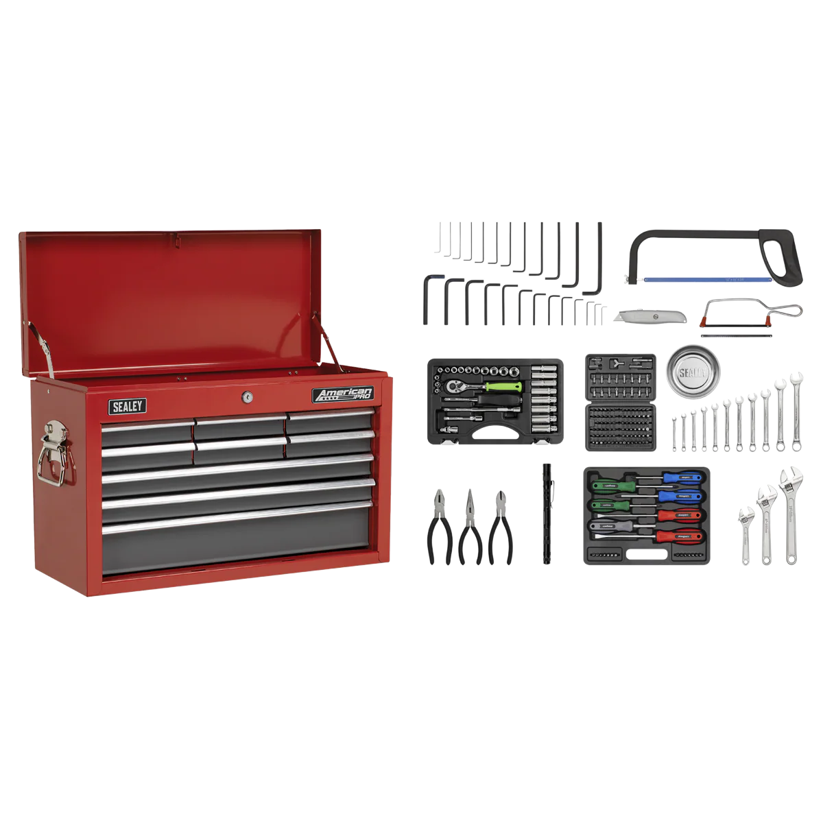 Sealey American PRO® Topchest 9 Drawer with 205pc Tool Kit - Red/Grey