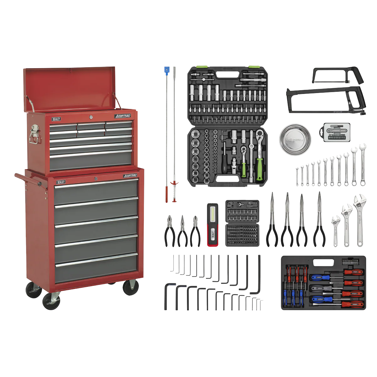 Sealey American PRO® Topchest & Rollcab Combination 14 Drawer with 281pc Tool Kit - Red/Grey